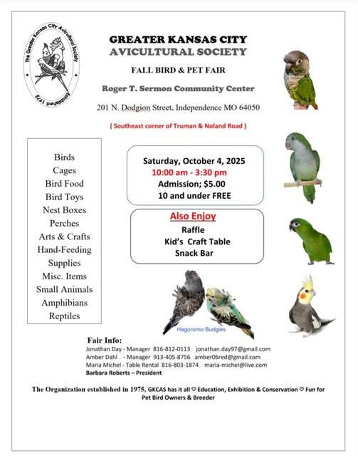 Greater Kansas City Avicultural Society, Saturday, October 4th, 2025